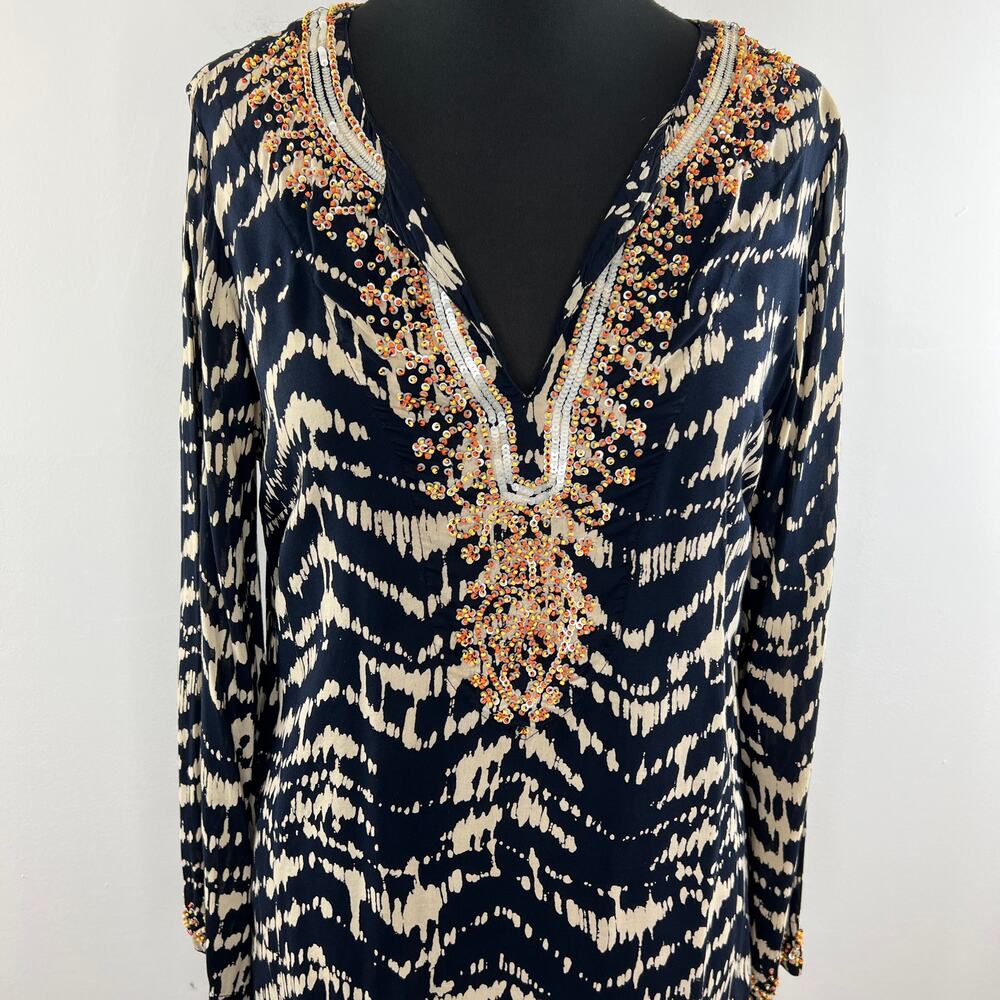 Soft Surroundings Navy Tan Split Embellished V-Ne… - image 3